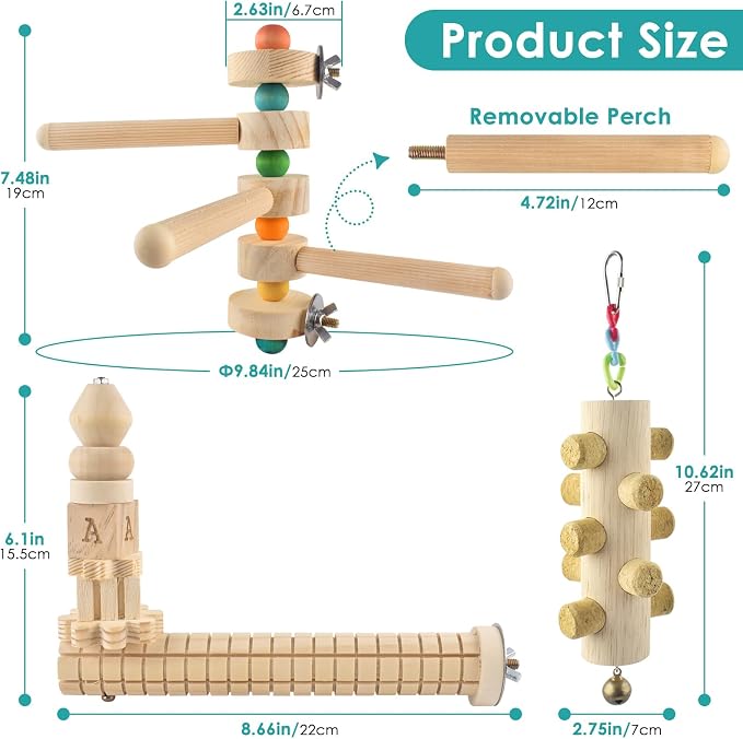 DBNESS 3pcs Natural Wood Bird Perch Toys, Rotating Perch Stand, L-Shaped Perches with Chew Block, Hanging Cork Stopper Toy, Birdcage Accessories for Small Medium Parrots Cockatiels Quaker Caique