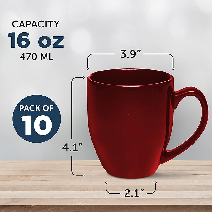 DISCOUNT PROMOS Large Coffee Cups 16 oz. Set of 10, Bulk Pack - Perfect for Tea, Espresso, Cappuccino, Hot Cocoa - Maroon