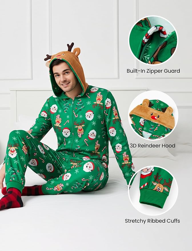 PATPAT Matching Family Christmas Onesie Pajamas – Holiday Hooded Jumpsuit Sleepwear PJs Couples Xmas Loungewear with Socks