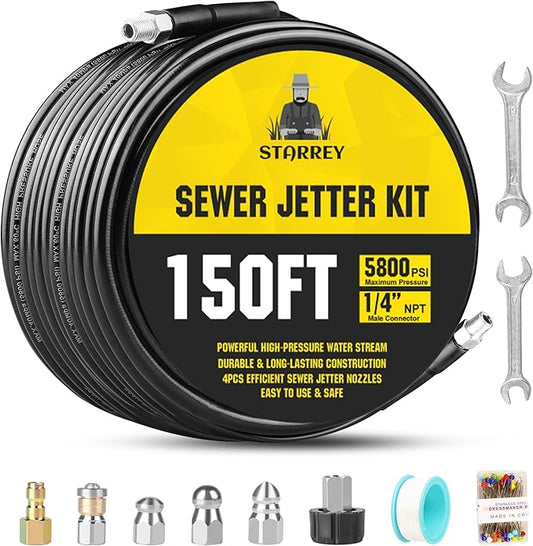 Pressure Washer Drain Jetter – Sewer Jetter Kit for Pressure Washer 150ft 1/4 Inch NPT Hose Nozzles and Adapter 5800PSI Clears Clogs in Pipes & Sewer Lines