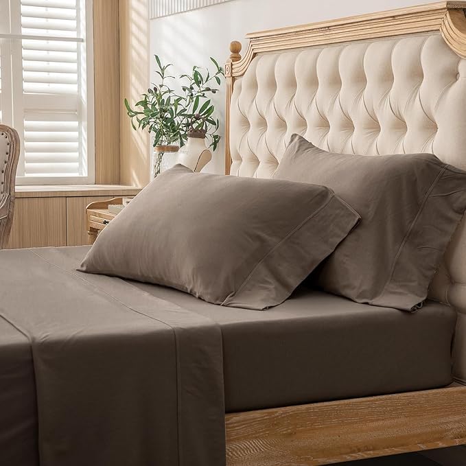 PURE ERA Jersey Knit 4pc Bed Sheet Set 100% T-Shirt Cotton Super Soft Comfy Breathable Fits Mattress Up to 20" Extra Deep Pocket (New Solid Brown, King)