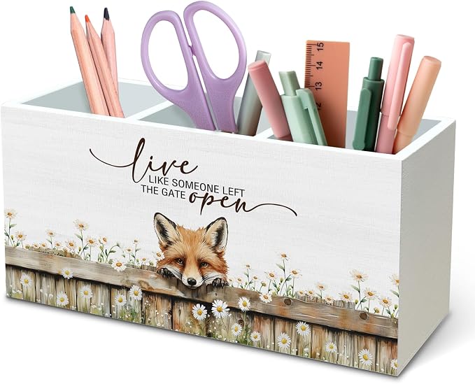 DILSJ Fox Inspirational Pen Pencil Holder Organizer For Desk, Fox Gifts For Women, Rustic Floral Live Like Someone Left The Gate Open Wooden Box Signs For Home Office Desk Tabletop Decoration