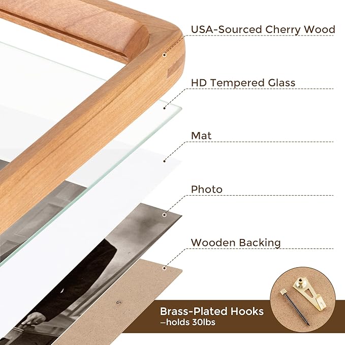 6x8 Picture Frame USA-Sourced Natural Cherry Wood Solid Original Wood Photo Frame Rounded Corner with Mat to 5x7 Picture Display with Real Glass Family Picture, Wedding Picture, Photo, Certificate