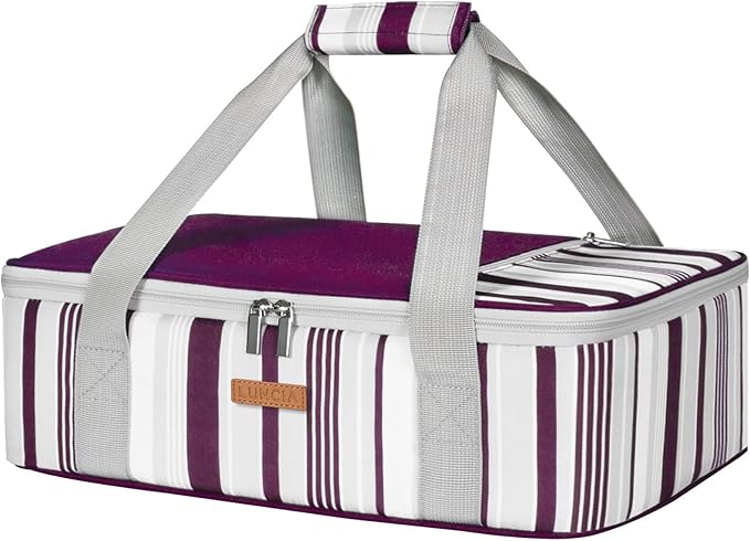 LUNCIA Insulated Single Decker Casserole Carrier, Lasagna Lugger Tote Keeps Food Hot or Cold, Thermal Lunch Bag for Potluck Parties, Picnic and Cookouts, Fits 9" x 13" Baking Dish, Purple