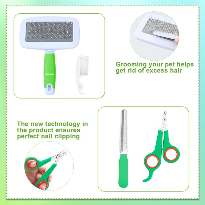 VCZONE 8 Pcs Small Animal Grooming Kit, Pink with Pet Nail Clipper and File, Flea Comb, Pet Shampoo Bath Brush, Pet Shedding Slicker Brush, Bath Massage Glove, Cleaning Comb (Green)