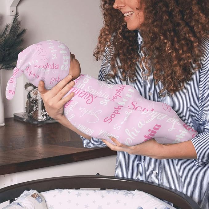 Swaddle Blanket with Hat Set Newborn Name Lettering Pink Receiving Blankets Baby Swaddle Wrap Soft Sleep Sack for Baby Boys and Girls