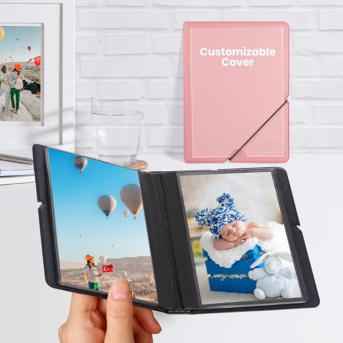 Lifting Small Photo Album 4x6 28 Pockets Plastic 4 x 6 Photo Book Album with Customizable Cover Mini Picture Album for Family Wedding Anniversary Baby Vacation (Pink)
