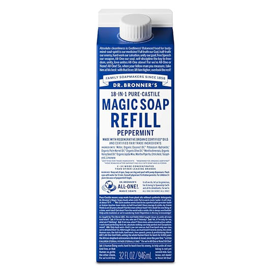Dr. Bronner's Pure-Castile Liquid Magic Soap Refill - Made with Regenerative Organic Certified Oils, 86% Less Plastic - 18-in-1 Uses for Face, Body Wash, Hand Soap Refill & More - Peppermint, 32oz