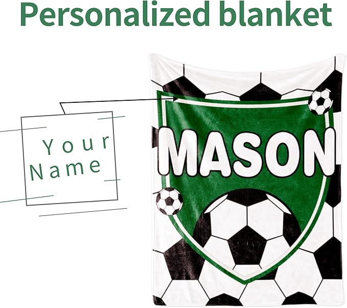 Custom Soccer Blanket with Name for Boys, Personalized Name Blanket for Kids, Soft Flannel Soccer Customized Gift for Birthday Christmas Baby Shower Children Day 40"x50"
