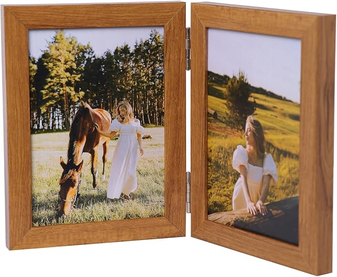 Double Vertical 5X7 Hinged PS Family Picture Frame Collage For Desktop or Tabletop (Wood Grain 57X2)