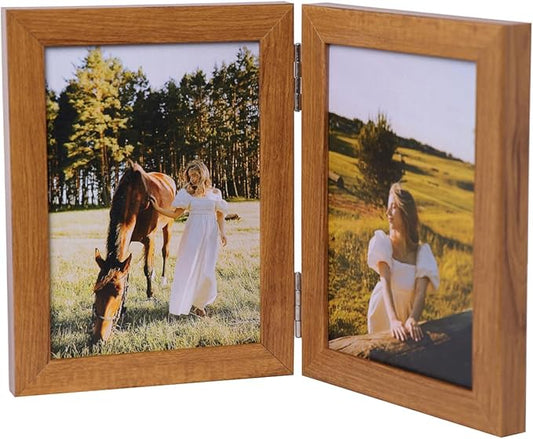 Double Vertical 5X7 Hinged PS Family Picture Frame Collage For Desktop or Tabletop (Wood Grain 57X2)