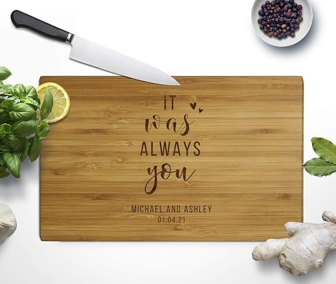 Andaz Press Personalized Laser Engraved Small Bamboo Wood Cutting Board, 9.5 x 6-inch, It Was Always You Bride Groom Names Date, Custom Wedding Bridal Shower Anniversary Housewarming Gift Ideas
