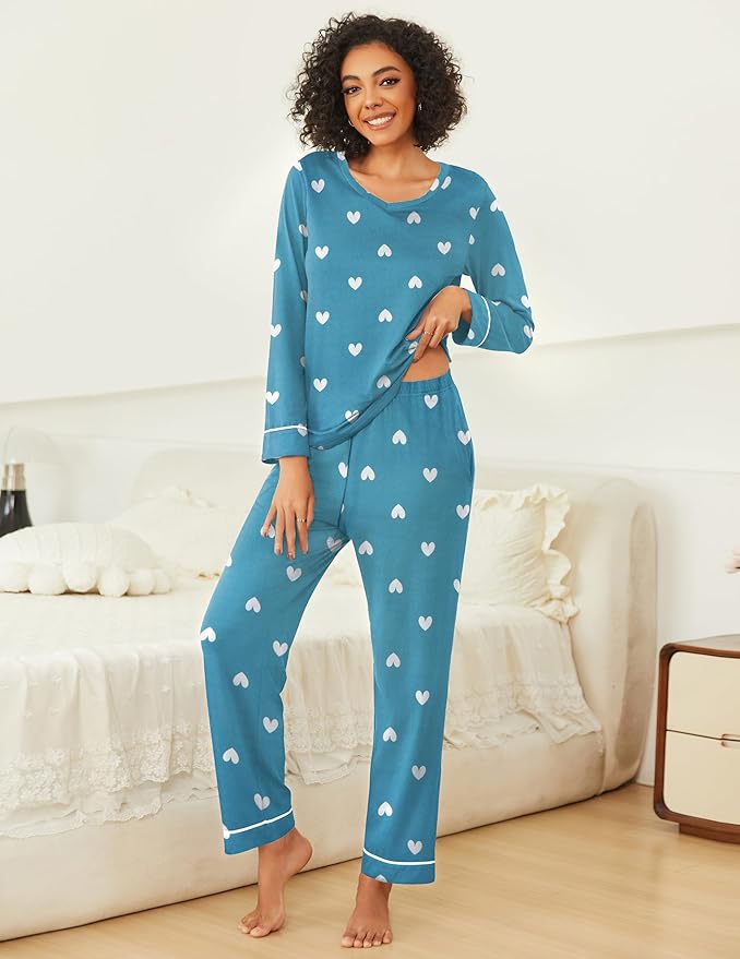 Ekouaer Womens 2 Pack Pajama Set Long Sleeve Pajamas Top and Pants V Neck Pjs Set Soft Loungewear with Pockets