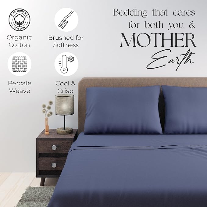 SUPREME ELEGANCE Organic 100% Cotton Twin XL Bed Sheet Set – Dark Blue Crisp Percale, Deep Pocket up to 16” – Lightweight, Breathable & Naturally Cooling – Ideal for College Dorm, Soft & Comfy
