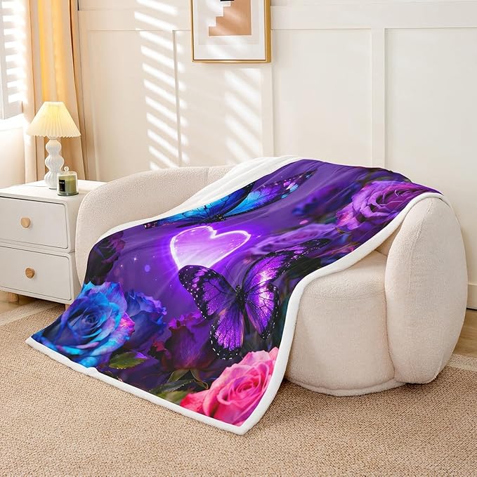 Feelyou Girls Butterfly Fleece Throw Blanket 40"x50" Kids Dreamy Purple Sherpa Blanket Plush Fuzzy for Bed Couch Chair Living Room, Rose Flower Bed Blanket Butterflies Lover Room Decor