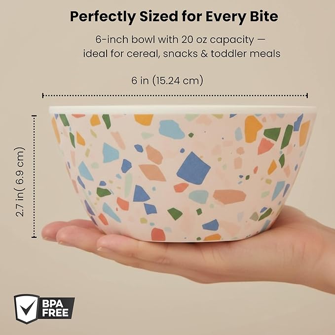 Bamboo Bowl Set of 4 – 6 Inch 20 oz Durable Deep Cereal and Snack Dishware for Kids and Toddlers – BPA Free, Dishwasher Safe, Lightweight Alternative to Plastic or Ceramic (Colorpop)