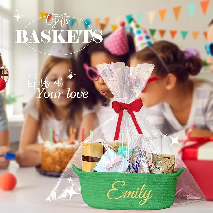 HUTARIO Personalized Woven Christmas Burr Basket Embroidered Name with Gift Bags and Ribbons,Empty Small Rope Basket，Durable Storage Custom Green Basket with Handles for Baby Showers,12"×8"×5"