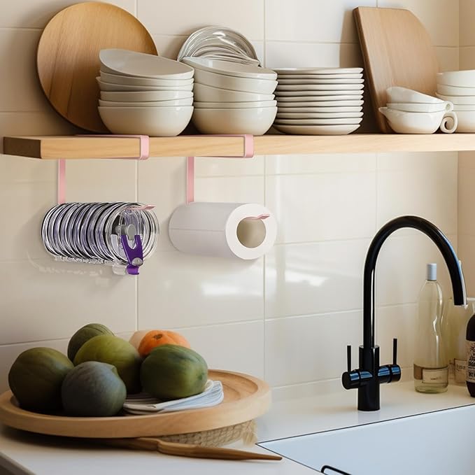Tumbler Lid Organizer, Horizontal Tumbler Lid Storage Hook Up to 10 Lids, Space Saving Cup Lid Holders Under Cabinet Tumbler Lid Hook for Kitchen Organizer and Storage, Paper Towel Rack Hanger (Pink)