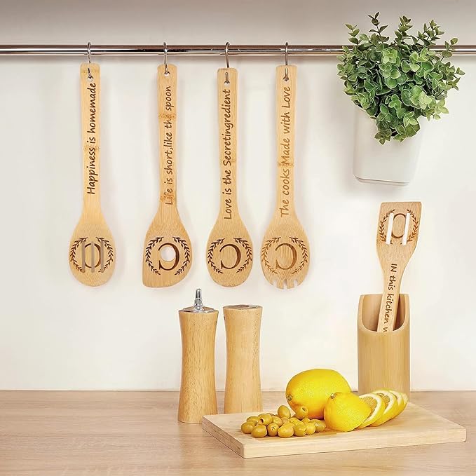 5PCS Initial Wooden Cooking Spoons Initial Letter Kitchen Decor Gifts Personalized Monogrammed Birthday Gifts for Women Mom Friend Housewarming Wedding Bamboo Cooking Spoons