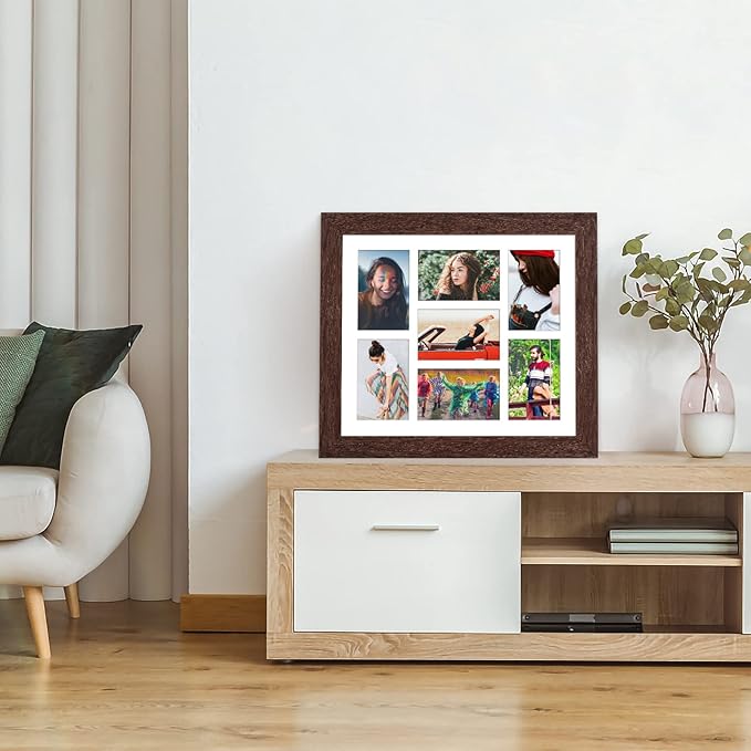 13.5X15.5 Picture Frames Collage with 7 Openings 4X6 Pictures, Multi Photo Frame with Mat for Wall Hanging Decor, Walnut Wood Grain