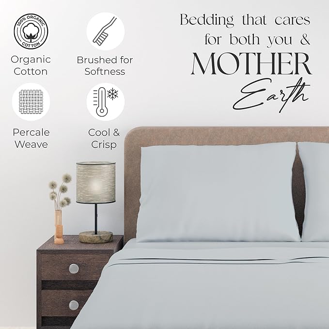 Supreme Elegance 100% Organic Cotton King Sheet Set – Crisp Percale, Lightweight & Breathable – Soft Silver Bed Sheets, Deep Pocket up to 18”, Naturally Cooling, Soft, Eco-Friendly, All Season Comfort