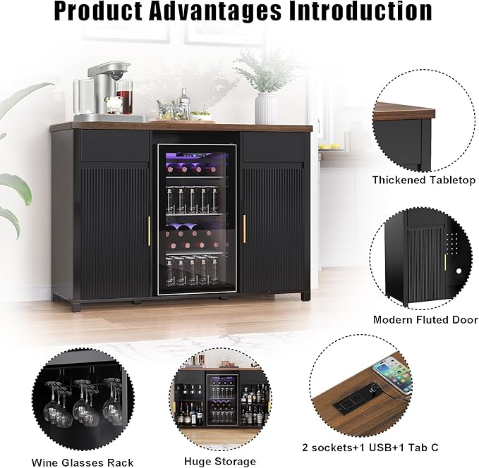 GDLF Large Coffee Bar Cabinet with Fridge Space, Mini Fridge Cabinet with Wine Storage, Buffet Sideboard Table for Home, Fluted Modern Design,53.2" L