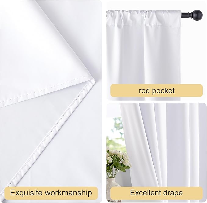 NICETOWN Bedroom 100% Blackout Curtains, 2 Panels, 42 by 48, Snow White, Window Treatment Rod Pocket Curtains/Drapes for Bedroom