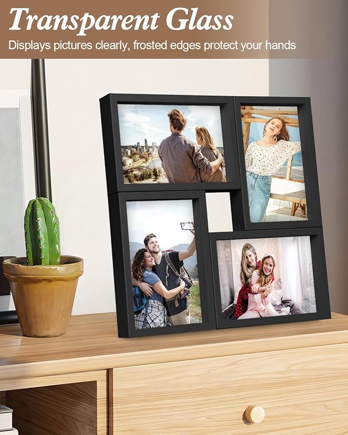 KAPIX 4x6 Picture Frames Collage, Collage Frame Wall Decor Display Four 4x6 Family Photos, Glass Front, Wall Hanging or Tabletop, Black