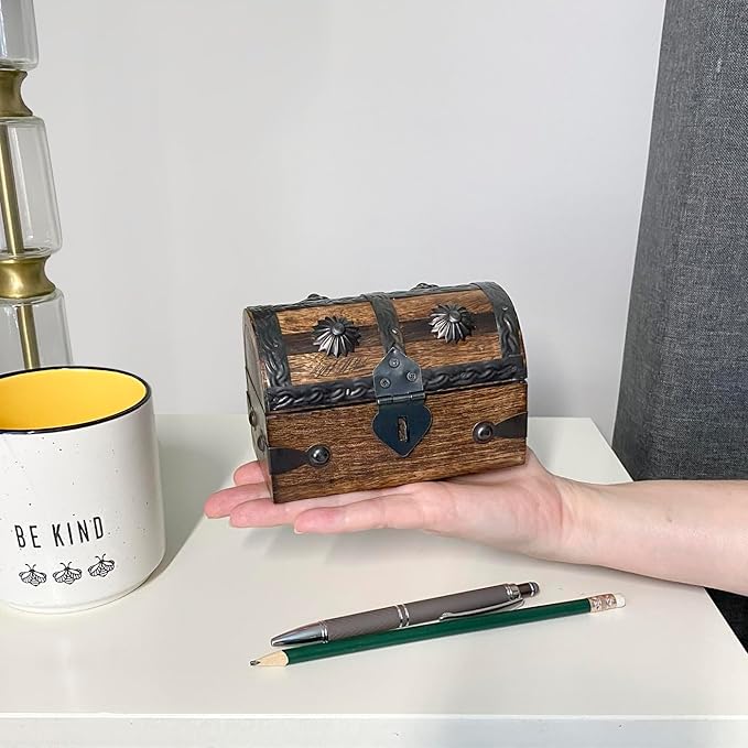 Nautical Cove Treasure Chest Keepsake and Decorative Wood Box (Small 5x3x3.25) - Storage Box, Wooden Box with Hinged Lid, Rustic Storage, Pirate Storage Box, Vintage Wooden Chest