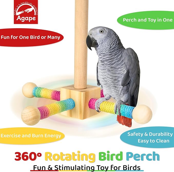 Agape 360° Rotating Bird Perch Stand, Wooden Parrot Exercise Toy | Bird Cage Accessory for Small-Medium Birds: Parakeets, Cockatiels, Lovebirds, Conures, Finches, Budgies, Parrotlets, Quakers