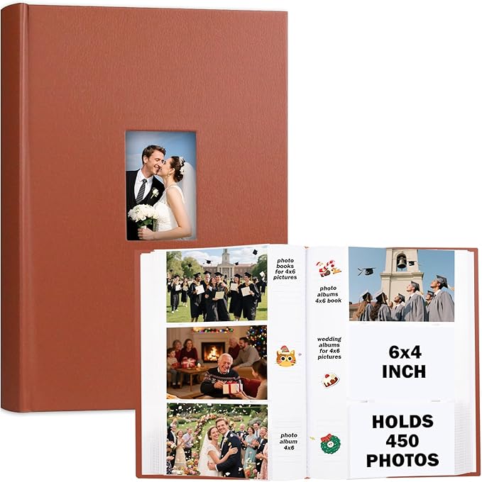 Ruibytree Photo Album 4x6 450 Photos with Writing Space,PU Leather Cover with Front Window Picture Album,4 x 6 Photo Book for Wedding Kids Travel Family Baby Vacation Couple (Brown)