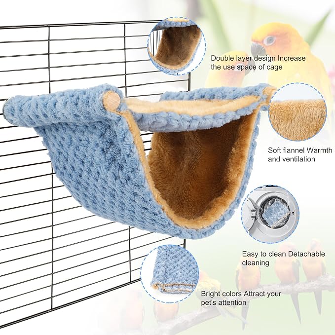 BWOGUE Bird Nest Bed Hanging Hammock, Parakeet Bed for Cage, Cockatiel Bed | Warm Fleece Snuggle Hut, Double-Layer Comfort, Wooden Perch Setup, Washable Hammock