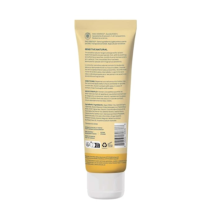 ATTITUDE Baby Lotion for Sensitive Skin with Oat, EWG Verified, Plant and Mineral-Based Ingredients, Vegan Personal Care Products, Unscented, 8 Fl Oz