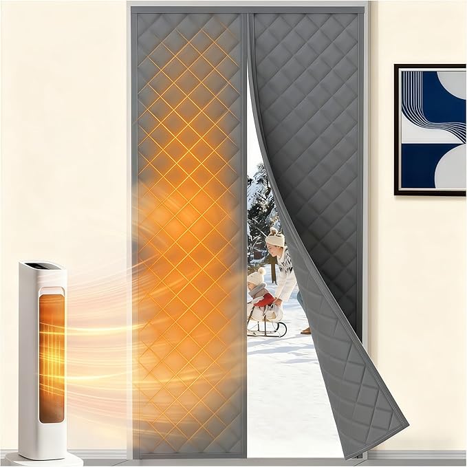 Magnetic Thermal Insulated Door Curtain 38''x82''-Fits 36''x80'' Door Opening, Cotton-Filled Weatherproof Oxford, Thermal Curtain for Winter, Keep Cold Out, Drill-Free & Easy Install, Grey