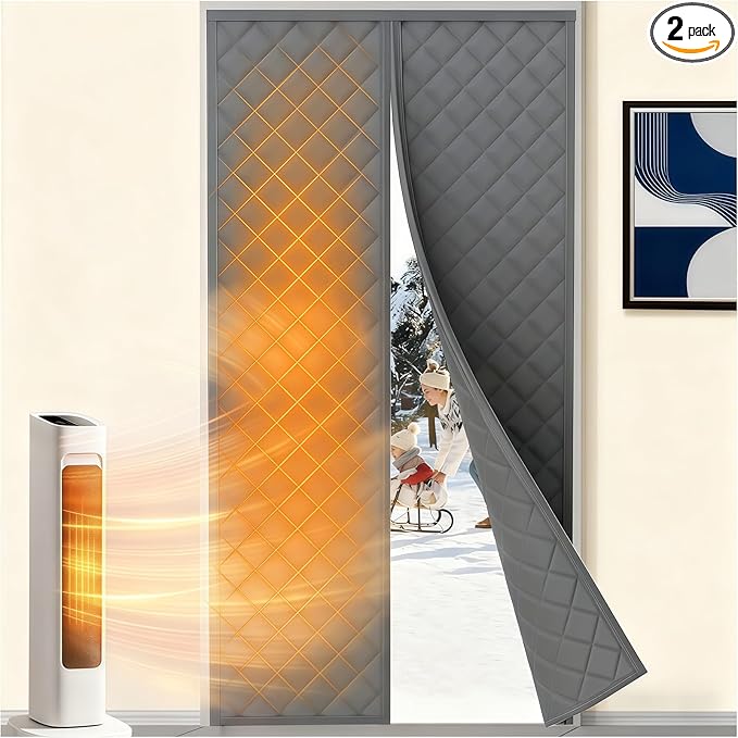 Magnetic Thermal Insulated Door Curtain 34''x82''-Fits 32''x80'' Door Opening, Cotton-Filled Weatherproof Oxford, Thermal Curtain for Winter, Keep Cold Out, Drill-Free & Easy Install-2Pack