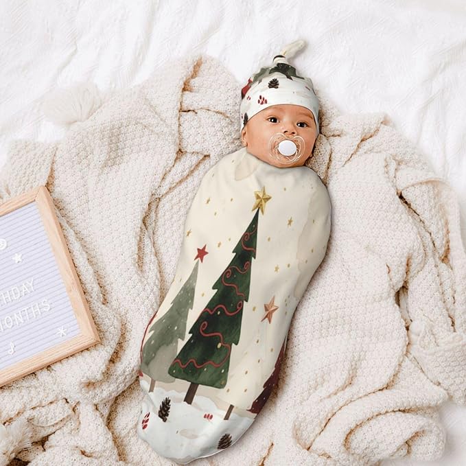 Christmas Baby Swaddle Blanket and Hat Set for Newborn Boys Girls Soft Infant Wrap Sleep 0-6 Months Christmas Tree-3