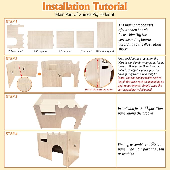 kathson Wood Guinea Pig Hideout Small Rabbit Hideout with Water and Hay Feeder Ramp, Easy to Assemble Wooden Hamster House for Small Animal Bunny Chinchilla Rat Hedgehog with 2xGuinea Pig Cage Liners