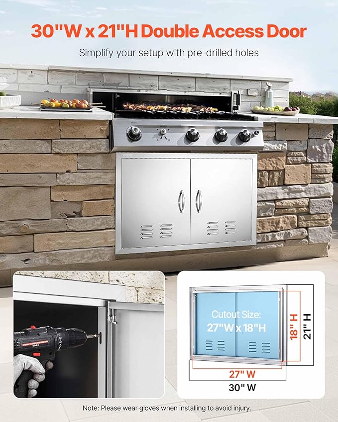 VEVOR Outdoor Kitchen Doors, 30W x 21H Inch, 304 Stainless Steel Double Doors with Vents, BBQ Access Door with 2 Detachable Handles and 6 Hooks, for BBQ Island