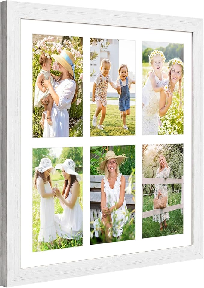 13x13 Collage frame with 6 Openings 4X6 Pictures, Multiple Picture Frame with Mat, Wall or Tabletop Decor, White Wood Grain,2 Pack