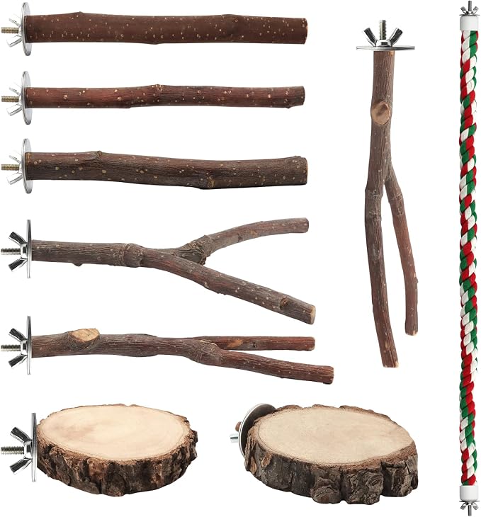 9 Pcs Apple Wood Bird Perch, Platform & Rope Set for Cage | Natural cotton material for foot comfort; natural apple wood for safe chewing; easy tool-free wing-nut setup.