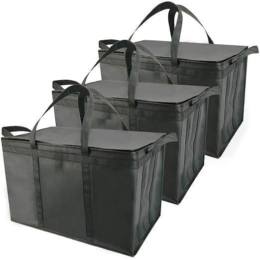 Bodaon 3-Pack Insulated Food Delivery Bag for Hot and Cold Meal, XXXL, Black, Grocery Tote Insulation Bag for Catering, Large Pizza Warmer