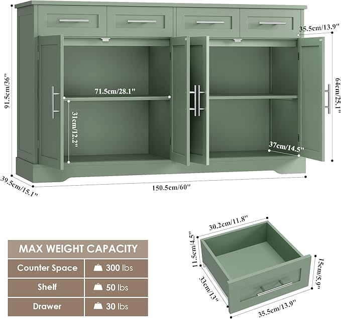 HOSTACK 60" Large Buffet Sideboard with Storage, 36" Tall Kitchen Buffet Storage Cabinet with 4 Drawers, Modern Coffee Bar Cabinet with Gold Handles, Long Sideboard Buffet Table for Kichen, Green