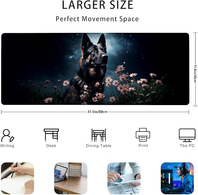 Cute German Shepherd Gaming Mouse Pad Gifts 31.5" x 11.8", Non-Slip Rubber Base MousePads for Computers Laptop School Office Home Accessories Decor, Mouse Pad, Keyboard Desk Mat