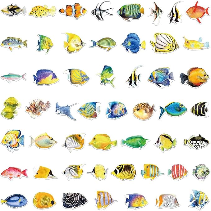 50PCS Fish Stickers, Cute Marine Organism Stickers for Kids Teens Adults, Vinyl Cartoon Colorful Saltwater Fish Decals Kawaii Marine Fish Sticker for Decor Water Bottles Laptops Guitar Scrapbook