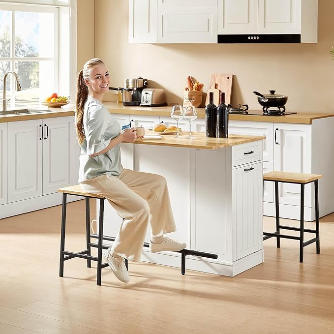 ONBRILL Stationary Kitchen Islands Include 2 Chairs, 47" Kitchen Island with Drop Leaf, Home Bar Table with Spice Rack & with Trash Cabinet, Island Table for Dining Room with Power Outlet, White