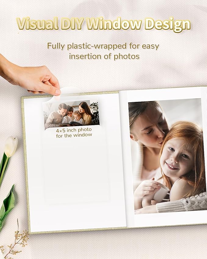 Photo Album 4x6 with 100 Pockets,Slip-in Picture Albums,Linen Cover Memory Book with Front Window,White Page Vertical Photo Book for Wedding,Family,Anniversare,Baby,Vacation