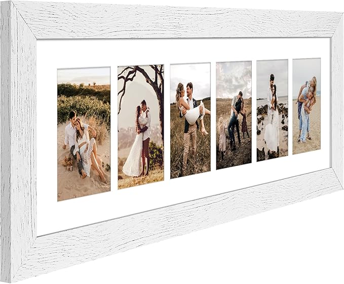 8x26 Picture Frame Display 6 opening 4X6 Picture Frame Collage,Multi Photo Frame with Mat,Plexiglass,Wall or Tabletop Decor,Distressed White Wood Grain