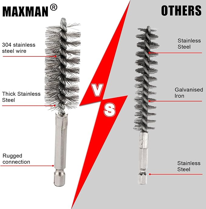 MAXMAN Stainless Steel Bore Brush, 8pcs Wire Brush for Drill, Durable Metal Bristles Twisted, 8 Size Set Multiple Diameter Options, 1/4 Inch Hex Shank, for Power Drill Impact Driver & Tube Cleaning