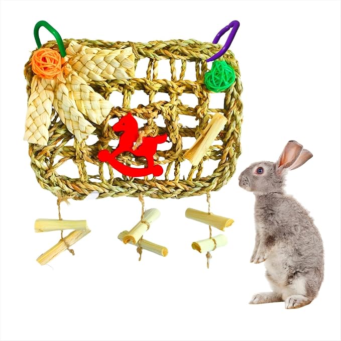Rabbits Chew Toy, Bunny Cage Hanging Chew Toys and Treats | Grass With Sweet Bamboo, For Guinea Pigs, For Chinchillas, For Hamsters, For Rats