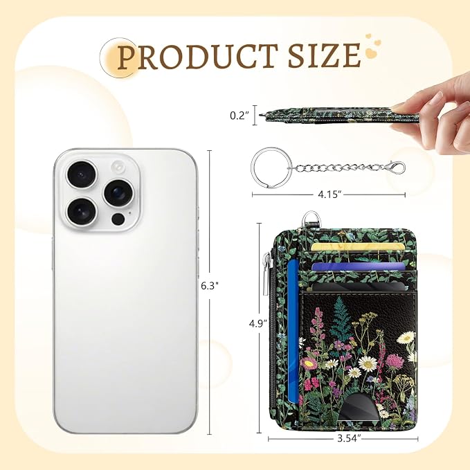 Kelvoris Credit Card Holder Small Wallet Women, Slim RFID, Wild Flowers | Keychain, Zipper Coin Pocket, Front Pocket Thin Travel Card Case, Minimalist, 6 Card Slots, 1 ID Window, Ladies Gifts Woman